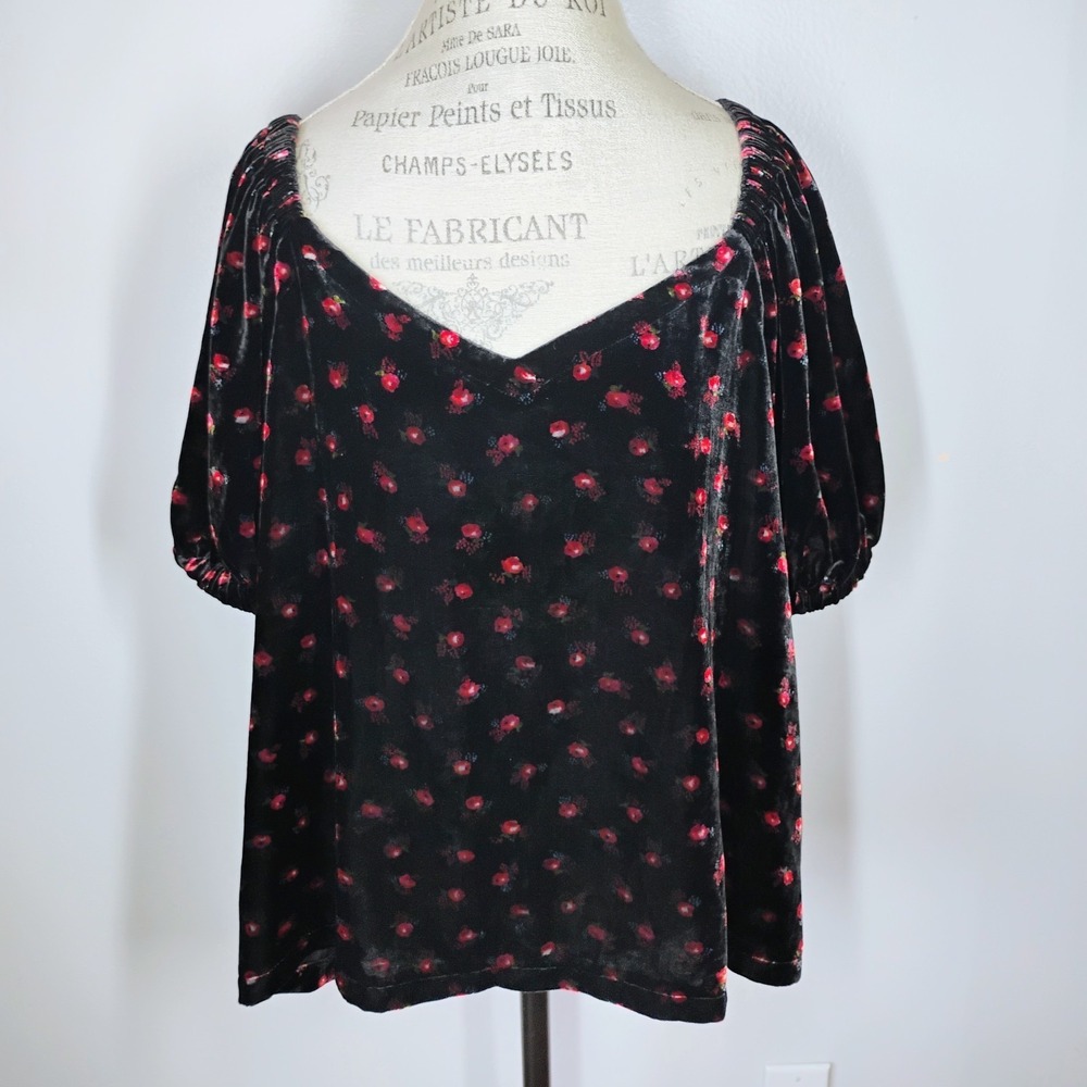 LOFT Floral Velvet Puff Sleeve Top Womens XL Black Red Romantic Peasant Gothic‎